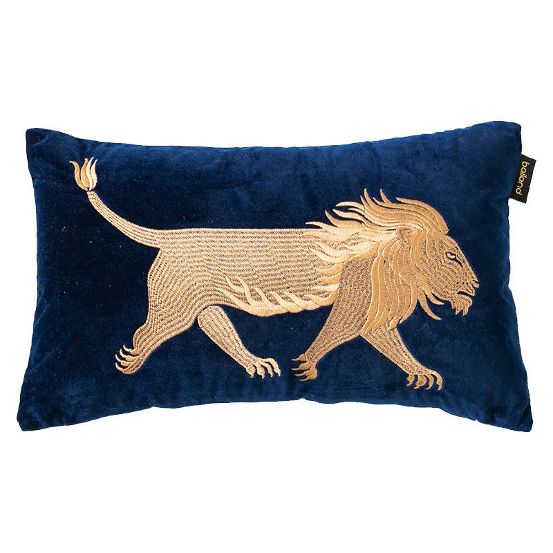 Embroidery Throw Pillow Sofa Cushion Living Room Chair Backrest Office Dark blue lion