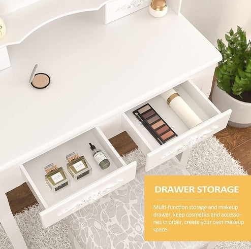 Vanity Table Set With 4 Drawer, Makeup Dressing Table W Cushioned Stool, Girls Women Bedroom Furniture Set Oval Mirror