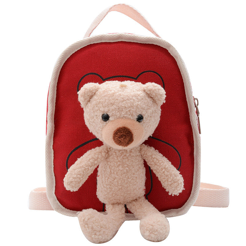 Cute Bear Doll Mini Canvas Kindergarten Backpack Red