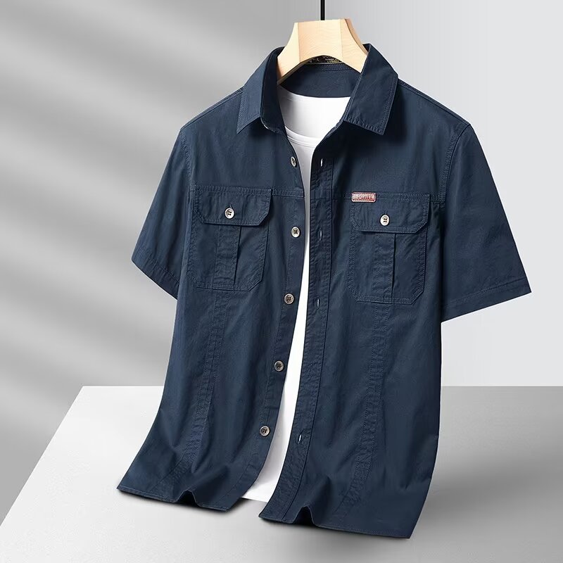 Solid Color Short Sleeve Men's Workwear Shirt Dark Blue