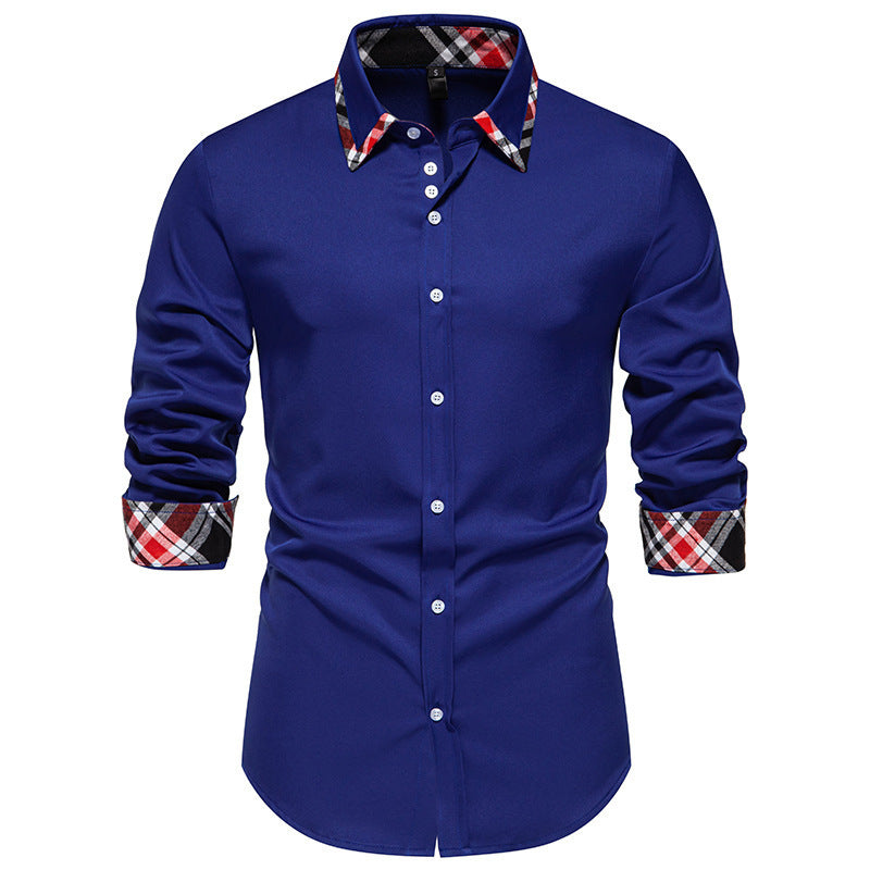 Men's Plaid Contrast Color Triangle Collar Long Sleeve Shirt Blue