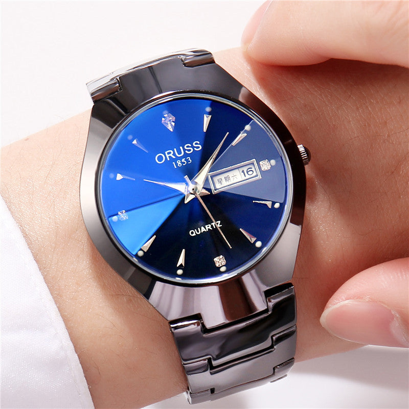 Tungsten Steel Color Waterproof Fashion Student Couple Calendar Quartz Watch Blue Light Glass For Men