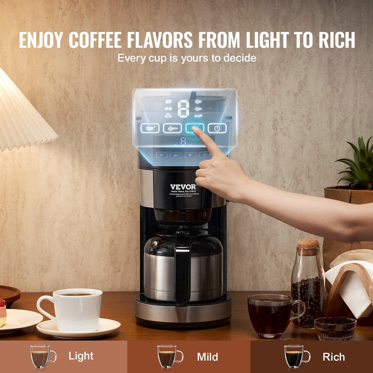 VEVOR 8-Cup Coffee Maker Drip Coffee Machine With 3 Brew Strength Control