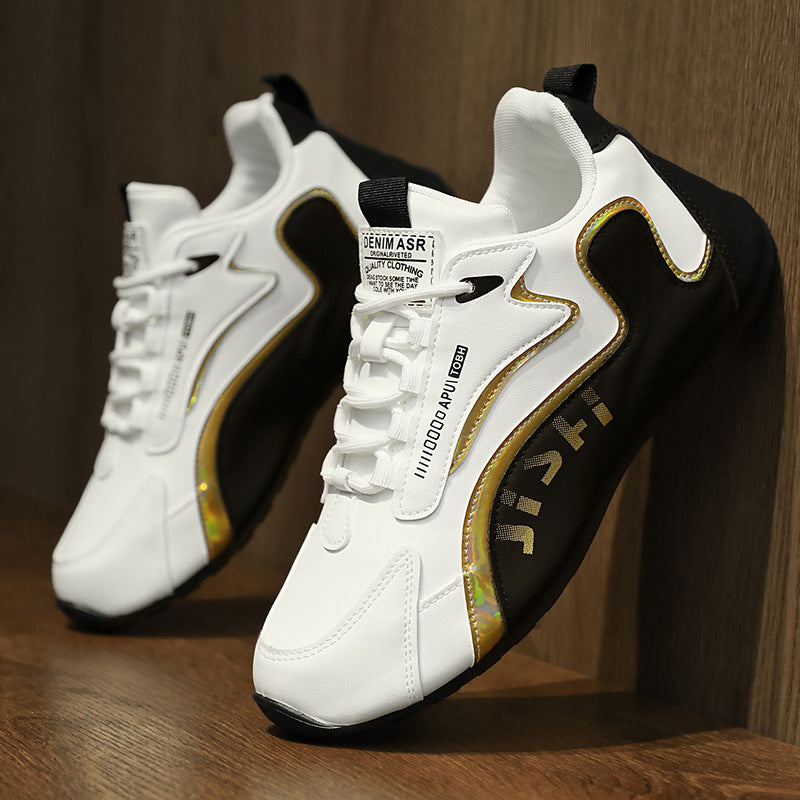 Fashion Colorblock Lace-up Sneakers For Men Breathable Low-top Dad Shoes Running Walking Sports Shoes Leather Black White