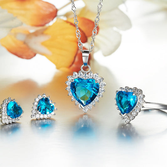 Micro Inlaid Zircon Heart Of The Ocean Necklace Ring Earings Set