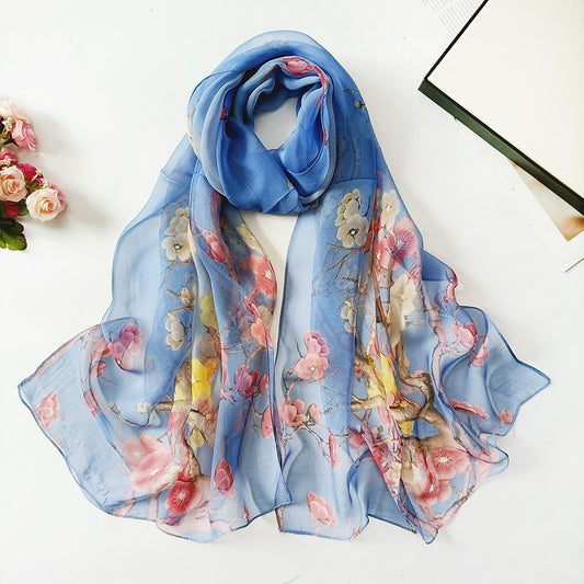 Summer Sunscreen Scarf Beach Scarf Wholesale Long Women's Soft Plum Blossom Ladies Decoration Thin Scarf Scarf Blue Plum Blossom 160CM