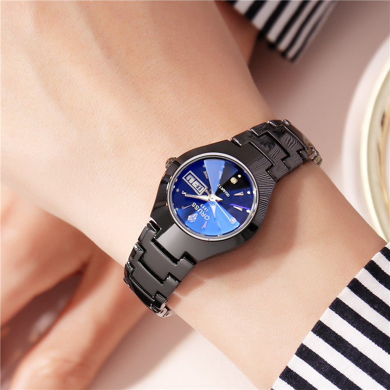 Tungsten Steel Color Waterproof Fashion Student Couple Calendar Quartz Watch Blue Light Glass For Women