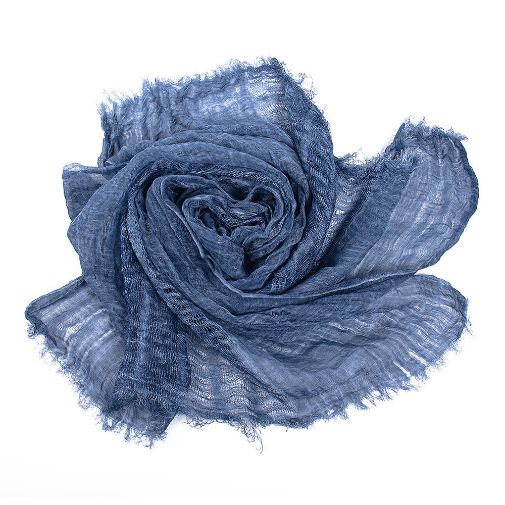 Solid Color Linen Scarf Retro Style Tassel Shawl For Women Navy Blue 190x80cm