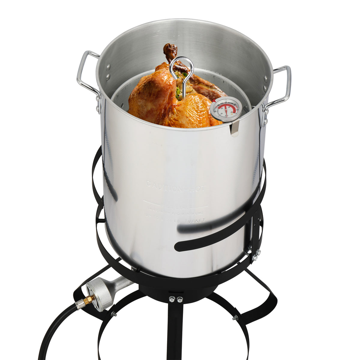 30QT Turkey Pot, 10QT Fish Pot, Four Piece Set, Black Circular Iron Frame, Silver Aluminum Pot, Gas Fryer Silver Aluminum Pot Black Hob
