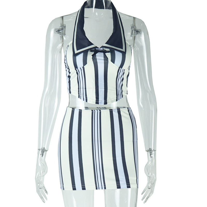 Sleeveless halter striped figure-hugging skirt set Black and white M