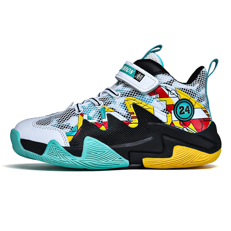 Boys' Basketball Mesh Breathable And Wear-resistant Shoes Black and white