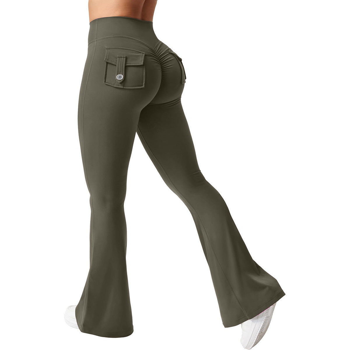 Yoga Peach Hip Pocket Flared Pants For Quick Drying And Abdominal Compression, Small Sexy Pants Military Green