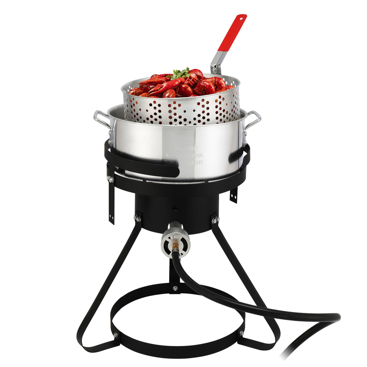 30QT Turkey Pot, 10QT Fish Pot, Four Piece Set, Black Circular Iron Frame, Silver Aluminum Pot, Gas Fryer