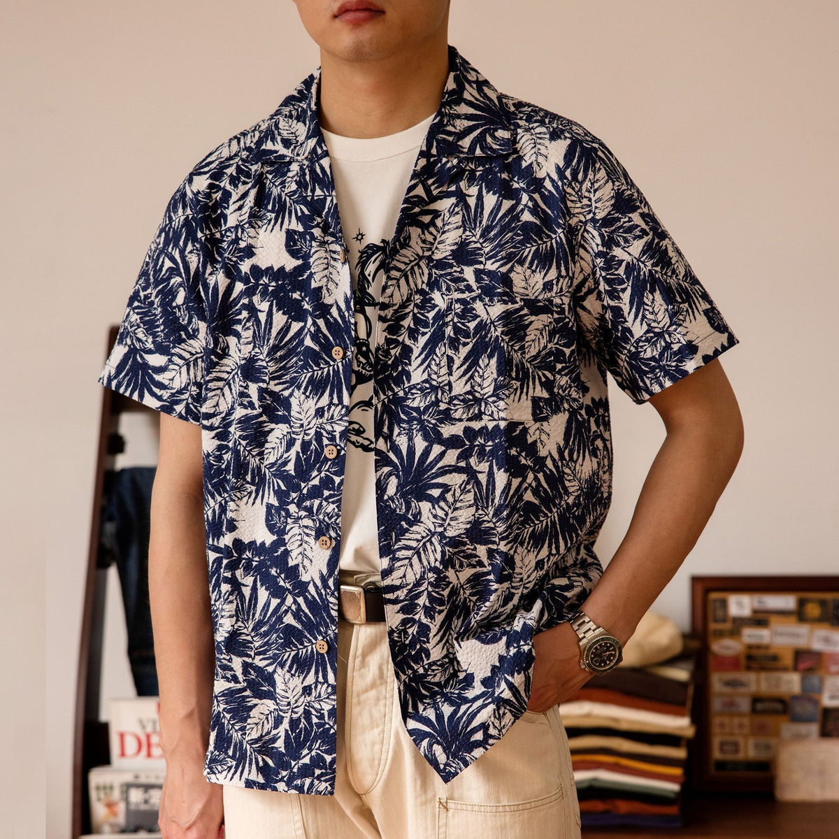 Vintage Printed Seersucker Cuban Collar Shirt