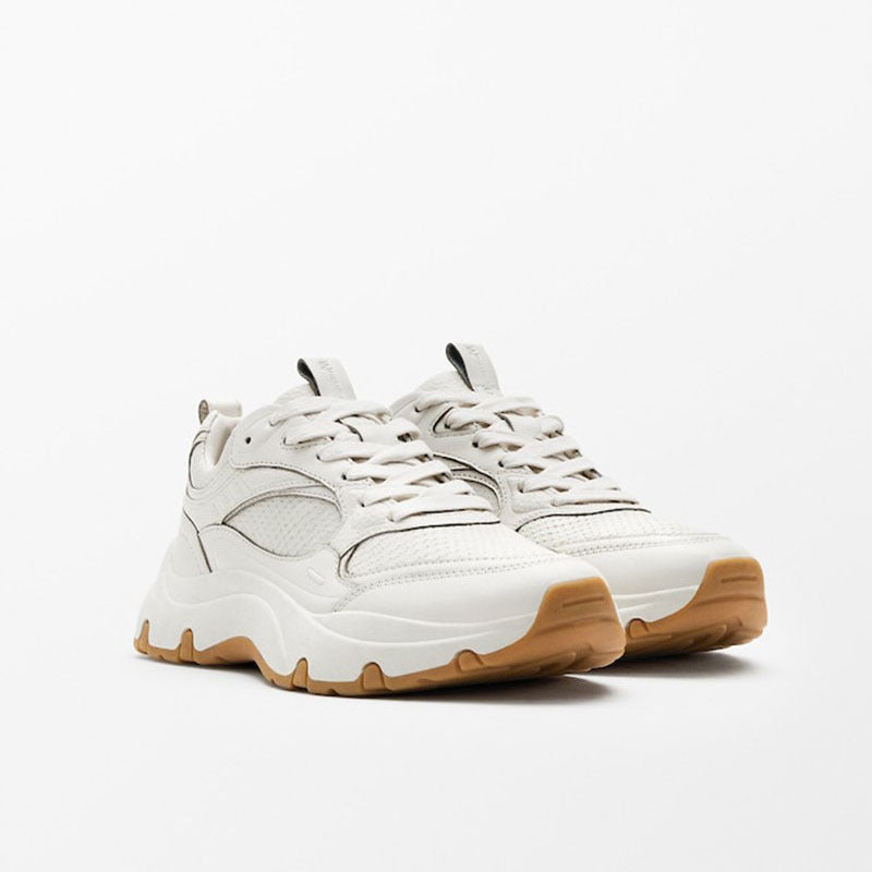 Women's First Layer Cowhide Casual Round Toe Sneakers With Thick Sole Off white