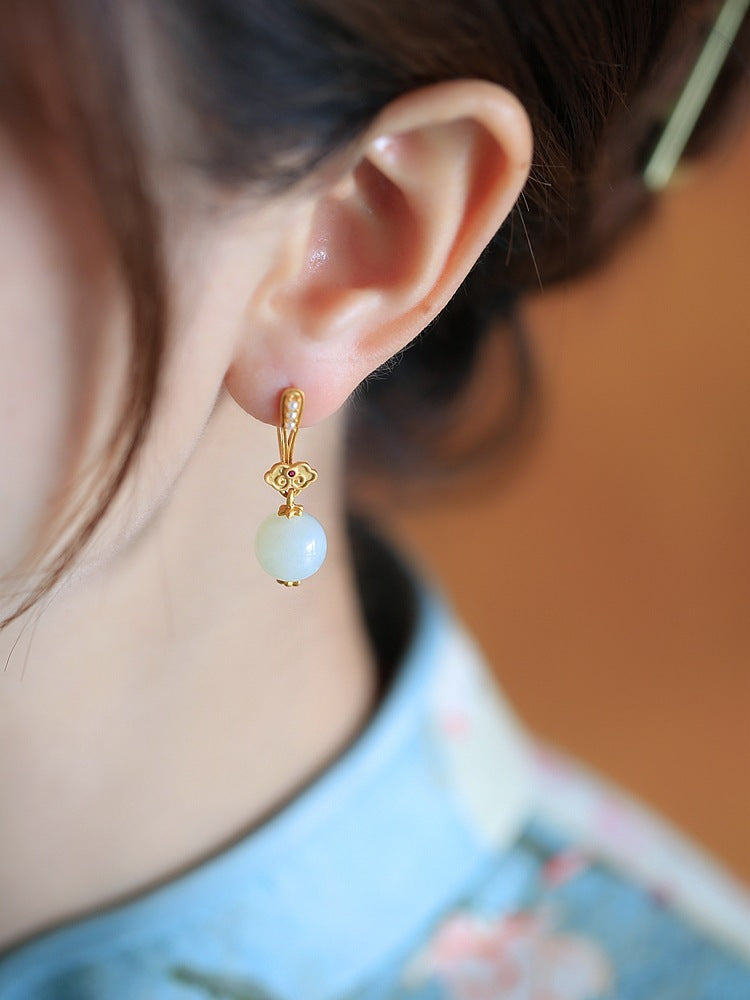 High-grade Ruyi Sterling Silver Ancient Gold Inlaid Hetian Vintage Earrings GD Earrings