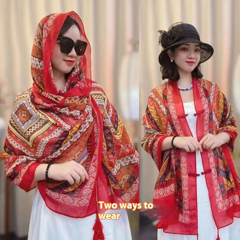 Popular Ethnic Style Shawl Summer Travel Wear Retro Buckle Sun Protection Coat Red Lattice 180X90cm