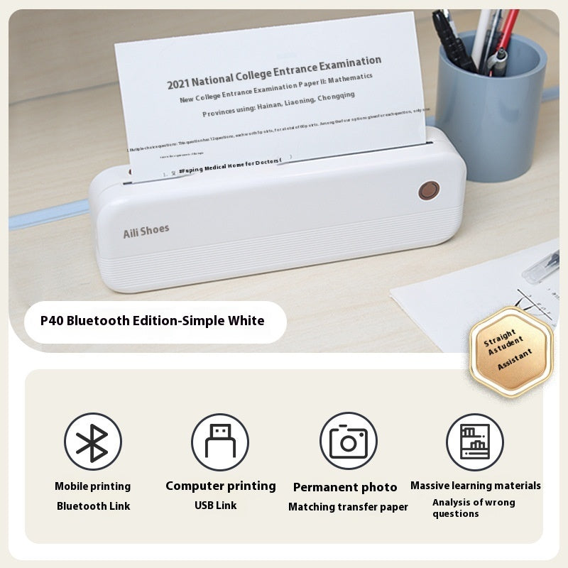 Ailixiong P40 Small Mini Ink-free Office Portable A4 Thermal Printer P40 White Bluetooth Version