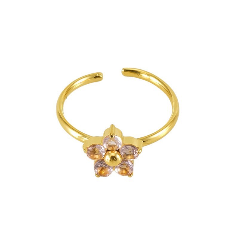 European And American New Stainless Steel Stylish Colored Diamond Ring Pink Flowers Adjustable Opening