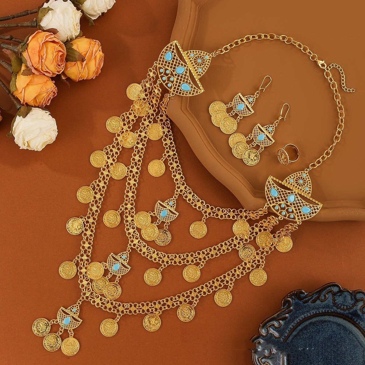 Bridal Gold-plated Necklace Earring Ring Jewelry Suit Set