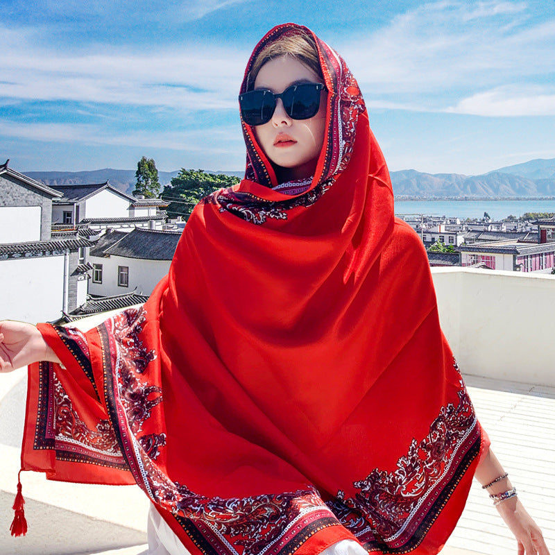 Women's Outer Scarf For Traveling In Western Sichuan Grassland Red Lace Default