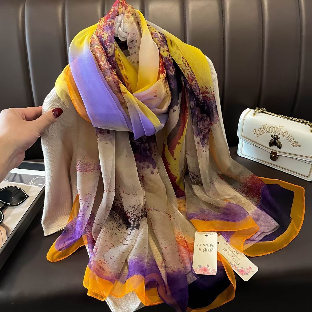 Silk All-matching Yousoft Scarf Long Elegant Scarf Pachira Macrocarpa Purple 180CMto130CM