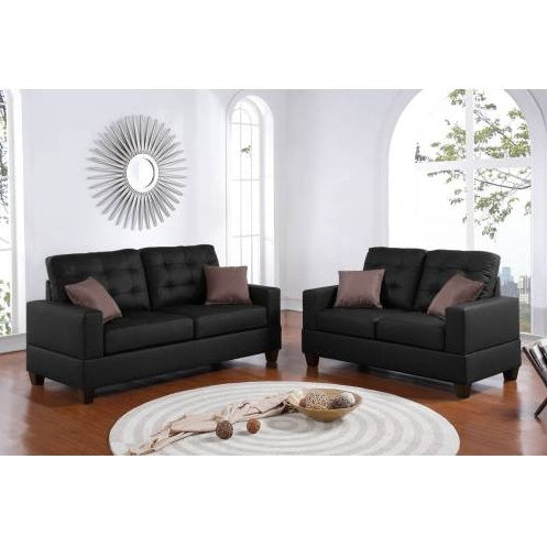 Living Room Furniture 2pc Sofa Set Black Faux Leather Tufted Sofa Loveseat W Pillows Cushion Couch Black