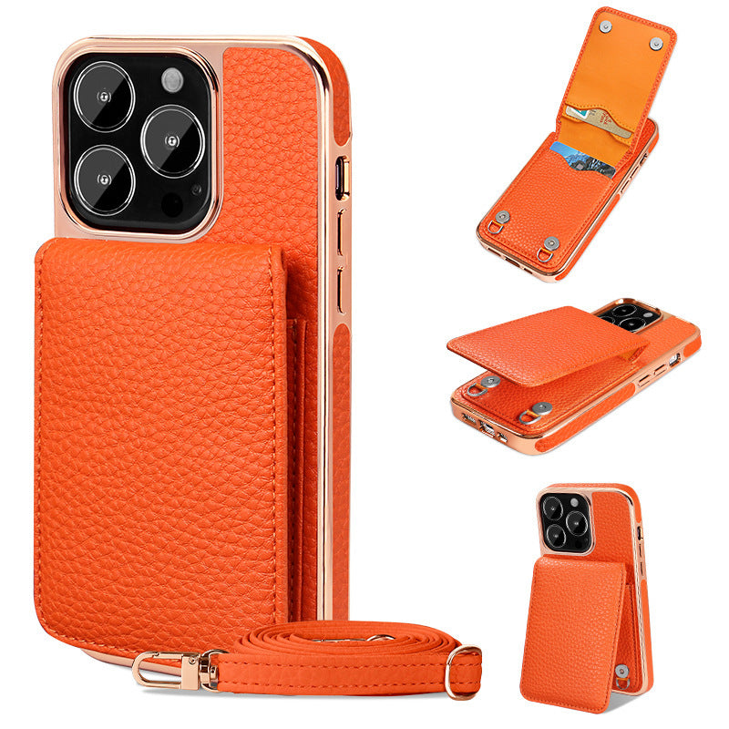 Litchi Pattern Wallet Lanyard Phone Case For 14 Orange