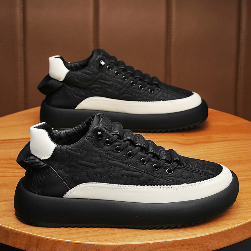 Mens Fashionable And Versatile Leather Sports Casual Board Shoes Black White