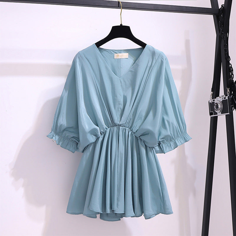 Summer Thin Chiffon Ladies Short Sleeve Blue