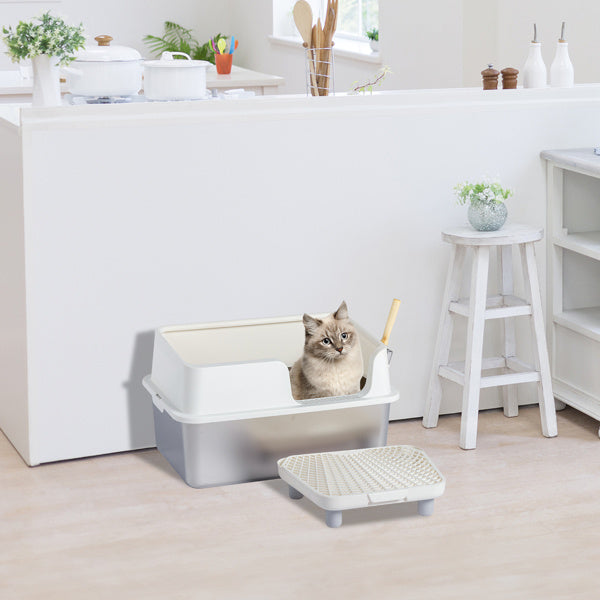 Stainless Steel With Plastic, Buckle Style With Shovel, Foot Pad, White Litter Box
