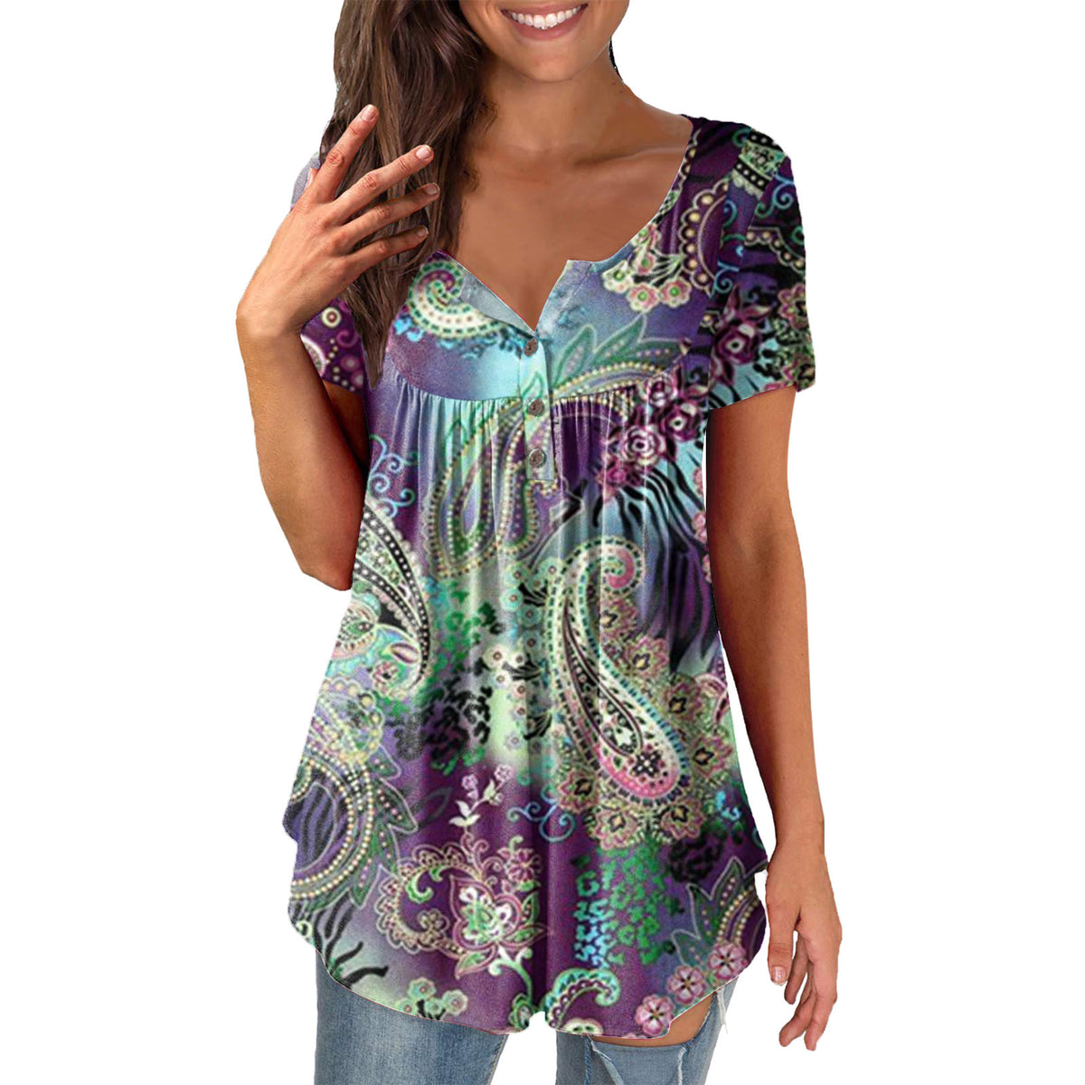 Ladies' Printed Ruffled Pullover Short Sleeve 10COLOR