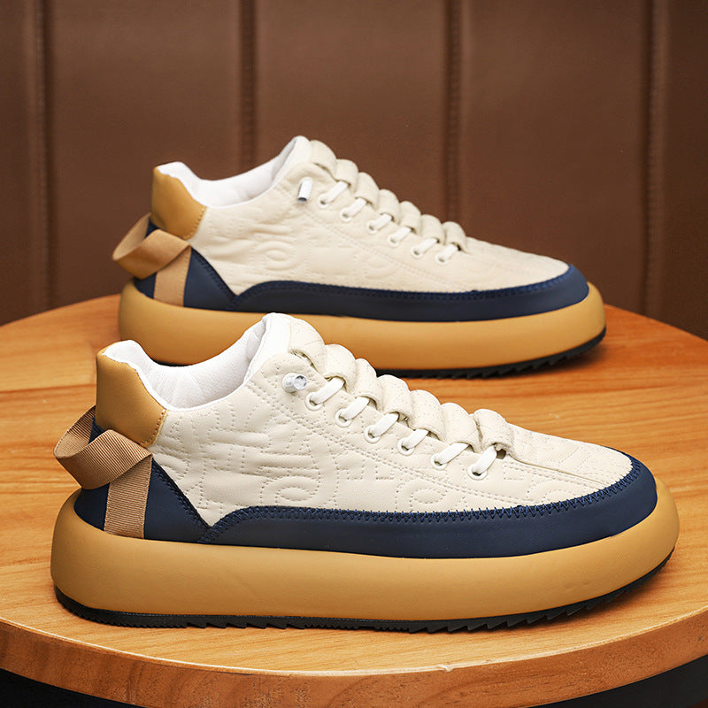 Mens Fashionable And Versatile Leather Sports Casual Board Shoes Beige Blue