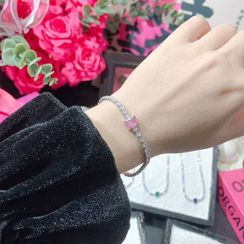 Simple And Versatile Sparkling Diamond Filled Square Candy Women's Bracelet Pink Bracelet