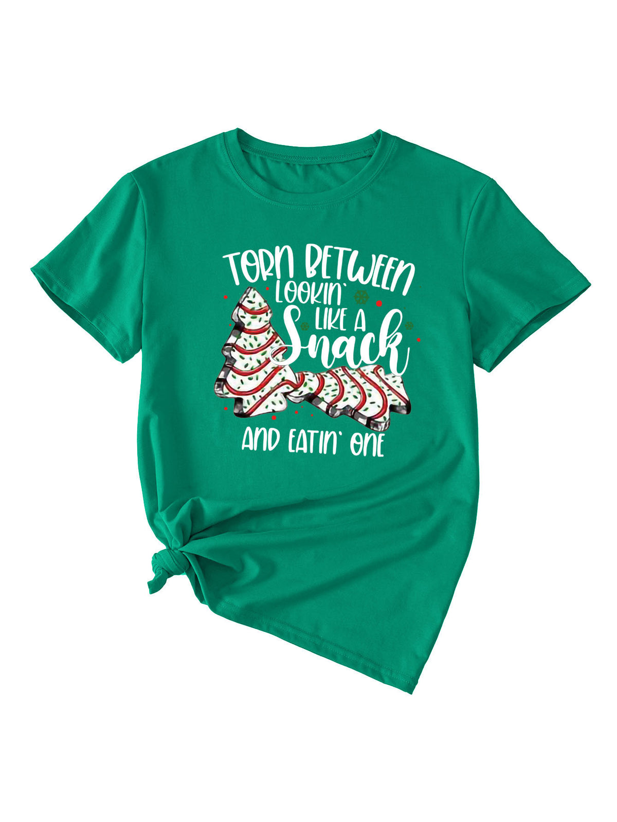 Simple Pattern Printing Ladies Round Neck Short Sleeve Tops Dark green white color
