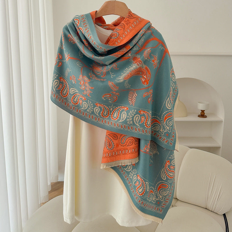 Retro High Sense Artificial Cashmere Scarf Bird Family Fenglan Orange No Specifications