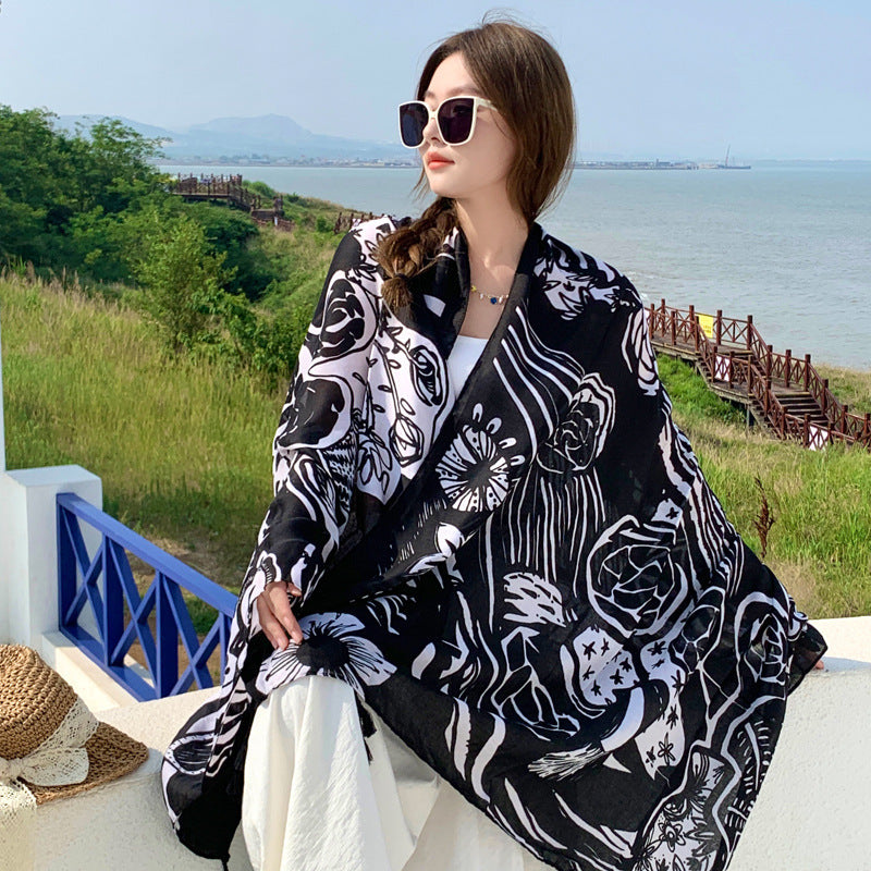 Women's Outer Scarf For Traveling In Western Sichuan Grassland Black And White Rose Default