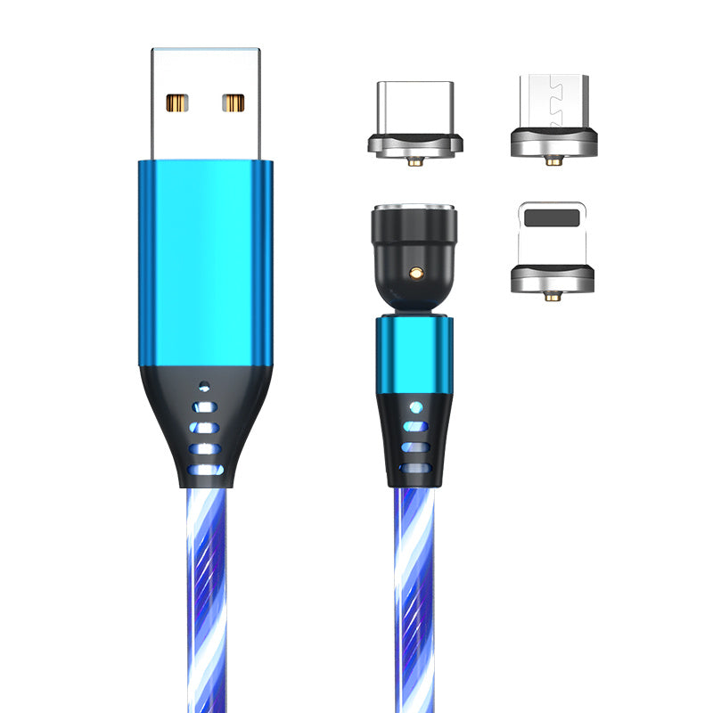 540 Rotate Luminous Magnetic Cable 3A Fast Charging Mobile Phone Charge Cable For LED Micro USB Type C For I Phone Cable Blue With 3pcs head 1M