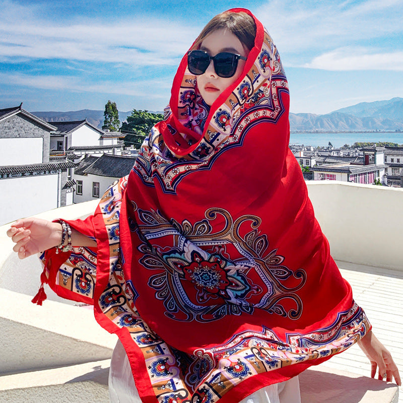 Women's Outer Scarf For Traveling In Western Sichuan Grassland Yunnan Naxi Mural Red