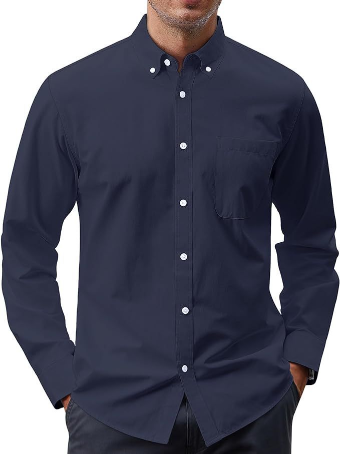 Solid Color Oxford Long Sleeve Button Shirt Navy Blue