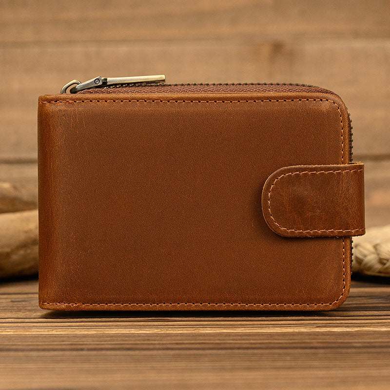 Men's Short Crazy Horse Leather Zipper Wallet 0036 Vintage Brown