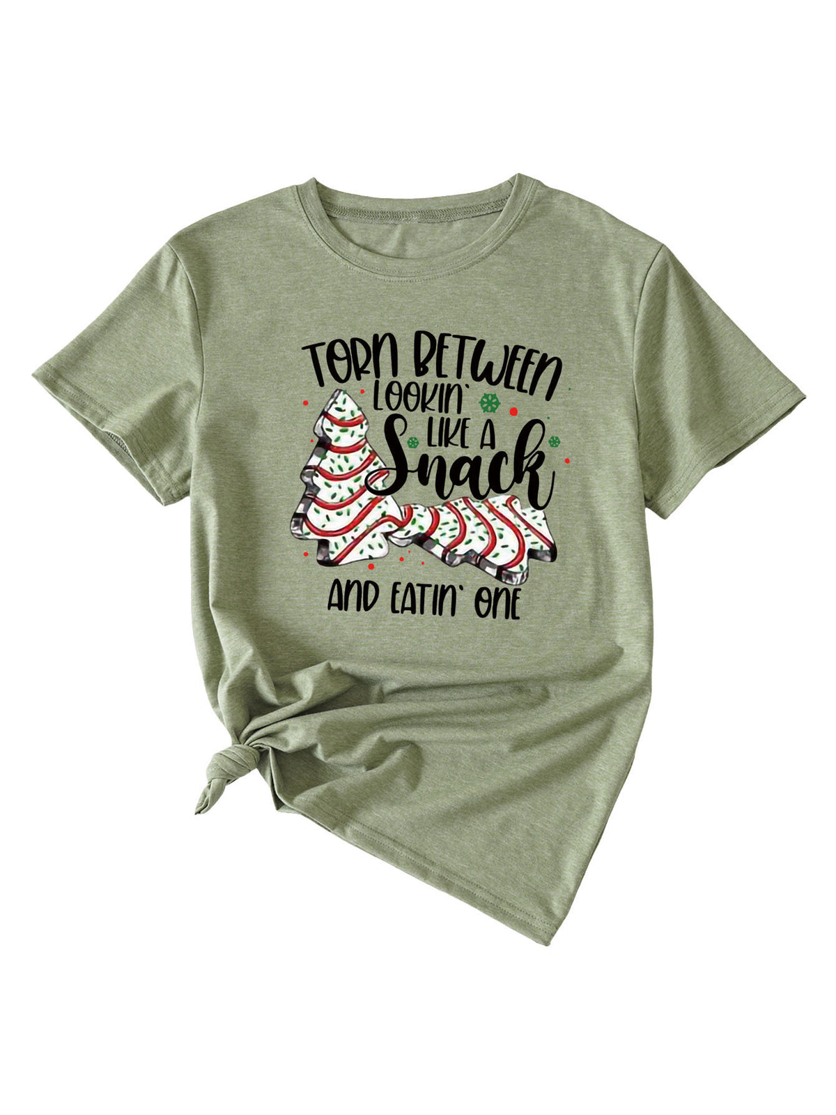 Simple Pattern Printing Ladies Round Neck Short Sleeve Tops Olive green black color