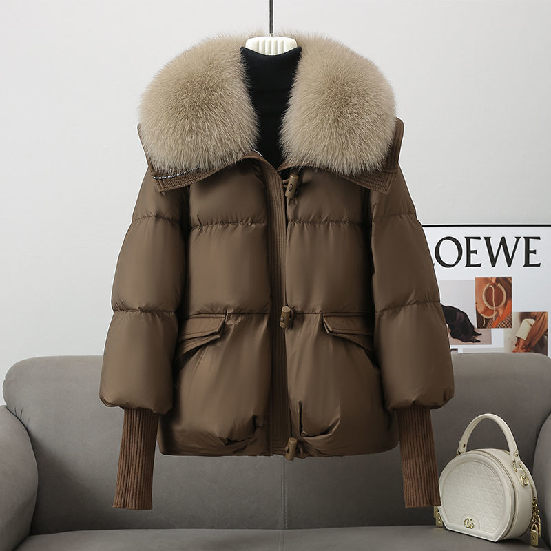 Down Cotton-padded Jacket Women's Short Fur Collar Thickened Coat Winter Clothing Brown