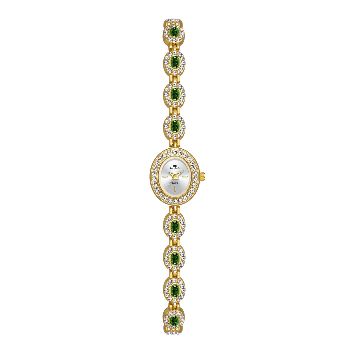 Mid-ancient Fashion Oval Colored Gems Rainbow Light Luxury Watch Golden Green
