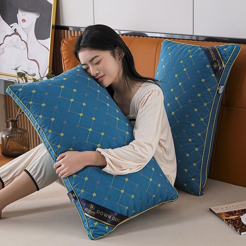 Hilton Hotel Feather Velvet High Rebound Pillow Pillow Core Household Adult Single Neck Pillow Fiber Pillow Core bilateral blue one outfit bilateral middle pillow