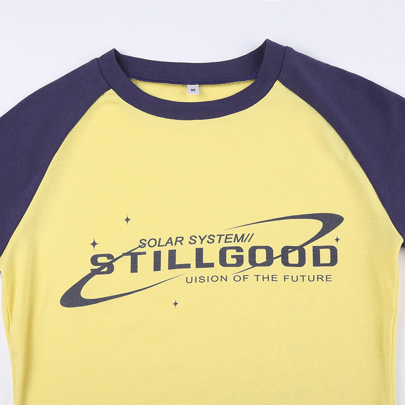 Contrasting Letter Print Raglan Short Sleeve Ladies Top