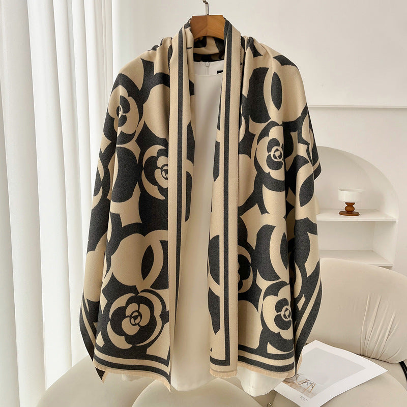 Retro High Sense Artificial Cashmere Scarf Camellia Gray Rice No Specifications