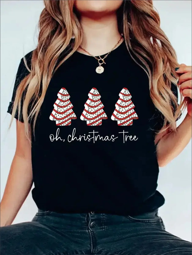 Women's Christmas Tree Print T-Shirt - Casual Crew Neck, Short Sleeve Top For Spring & Fall, Machine Washable, Ladies Christmas T Shirt Black