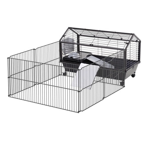 Small Animal Play Fence Cage With Rolling Casters, Water Bottle Black