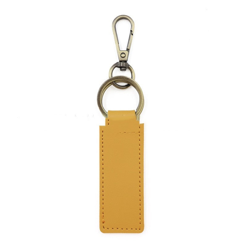 Solid Color Leather Double Ring Keychain Laser Engraving Yellow